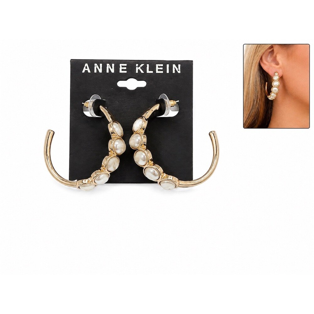 $30 Anne Klein C Hoop Pierced Earrings Gold  Pearl Opal Cabochon cure gift